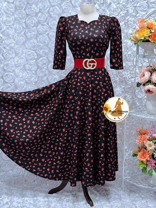 Lucy Black & Red Ditsy Floral Dress