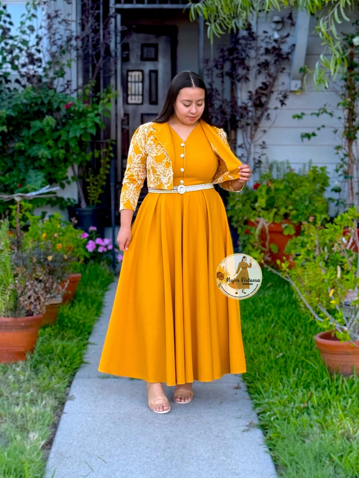 Linda Mustard Embroidered Dress