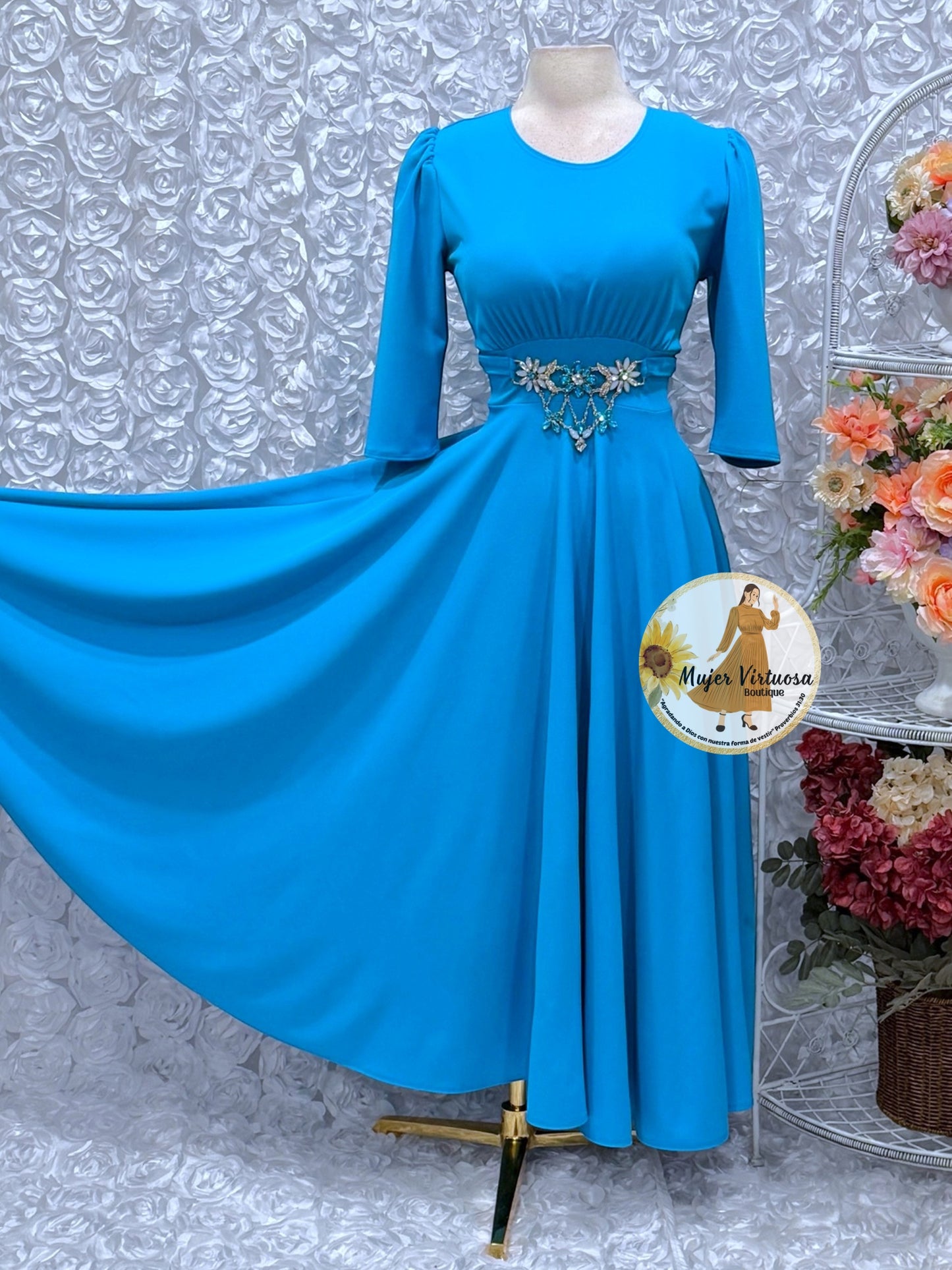 Amira Aqua Elegant Belted Dress