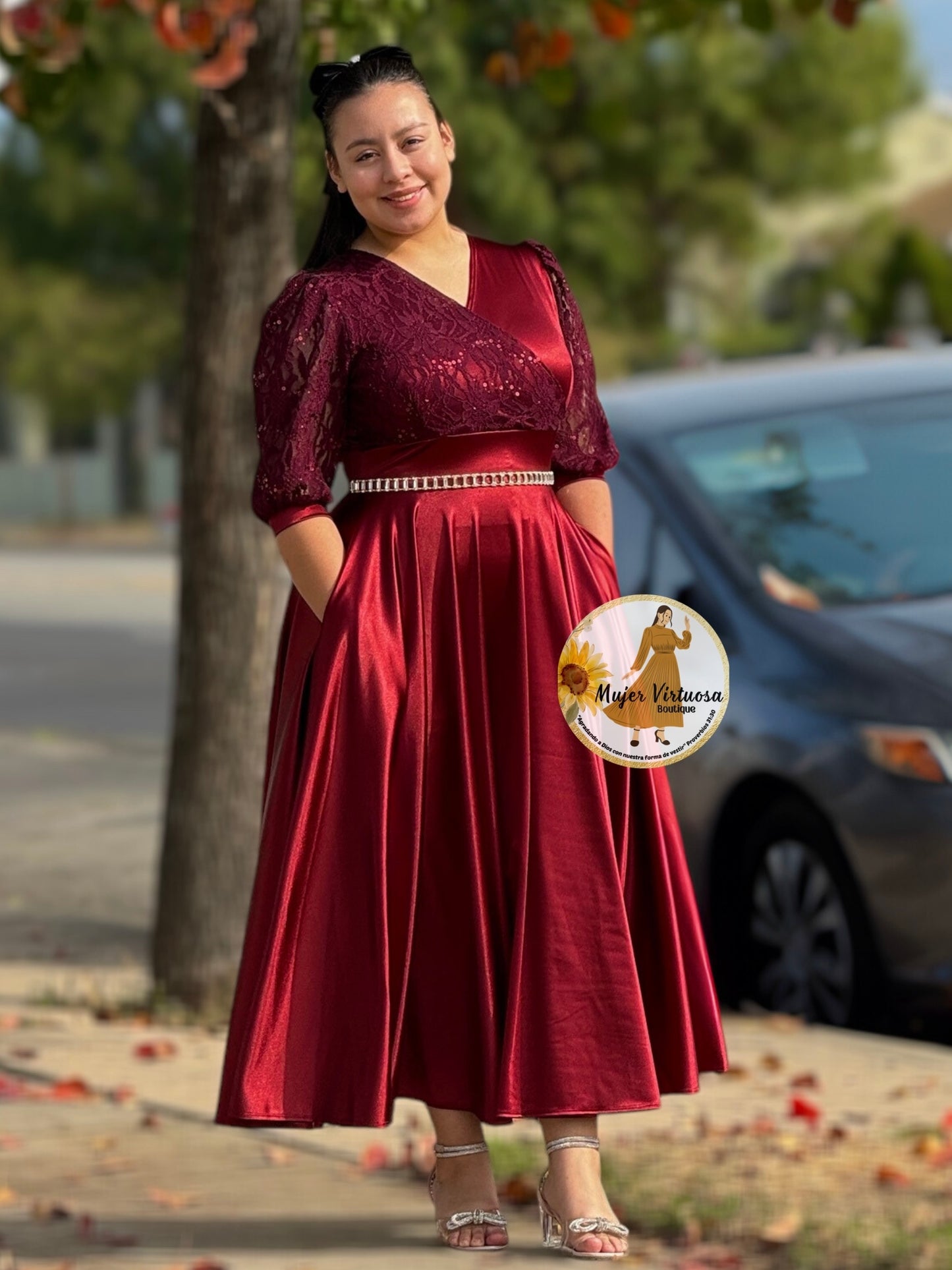 Charlotte Burgundy Satin Dress