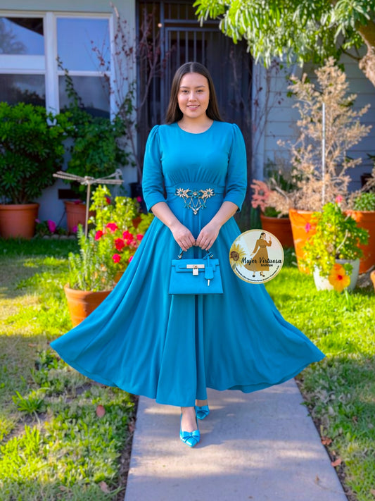 Amira Aqua Elegant Belted Dress