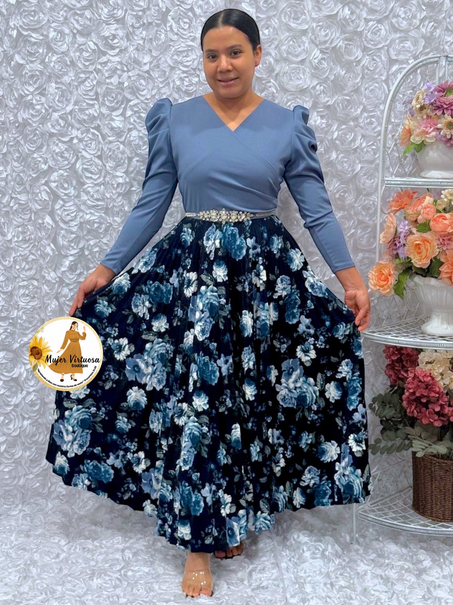 Yvette Denim & Navy Blue Floral Dress