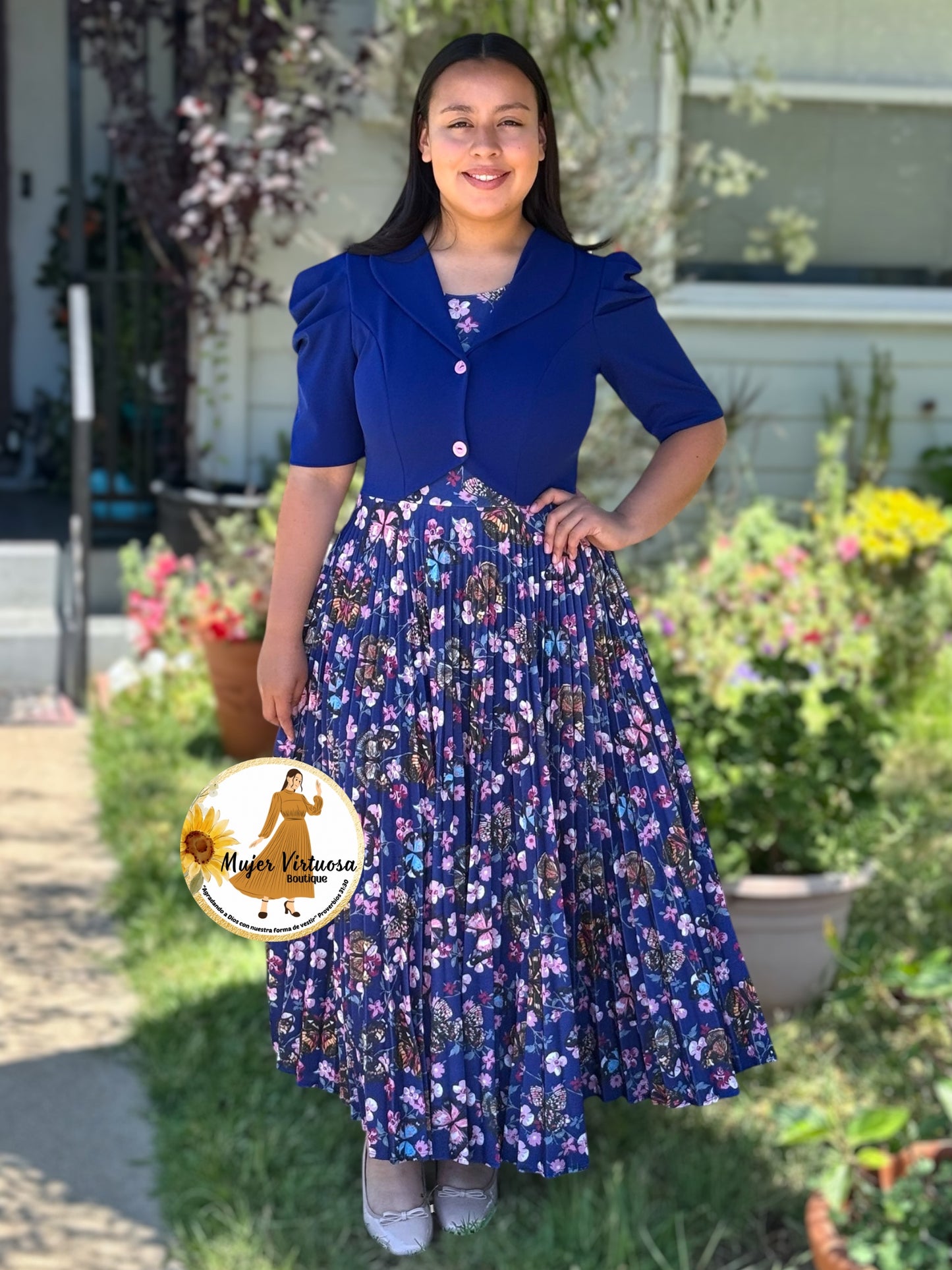 Esther Blue Butterfly Pleated Dress