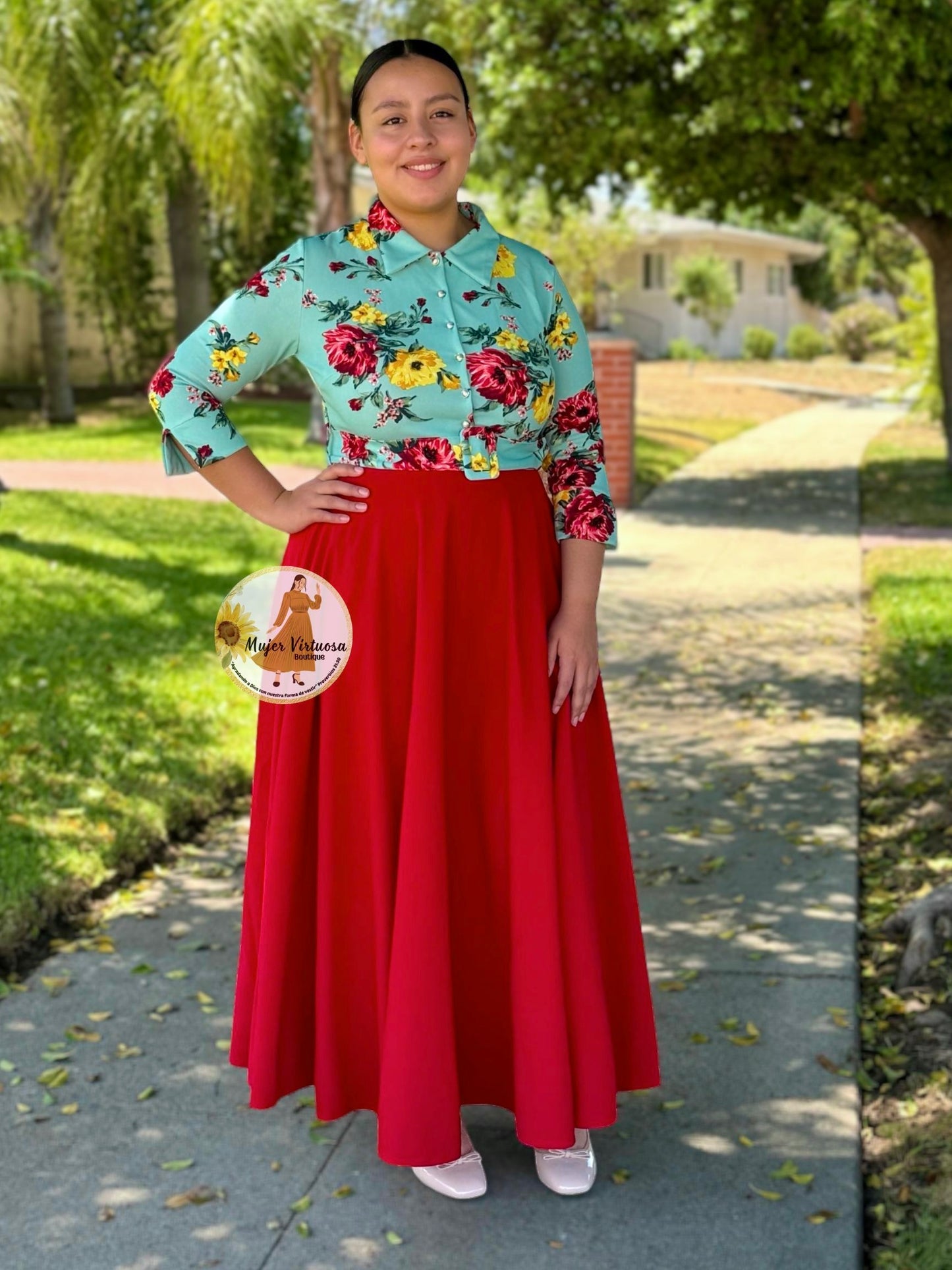 Hadassah Sage & Red Belted Floral Dress