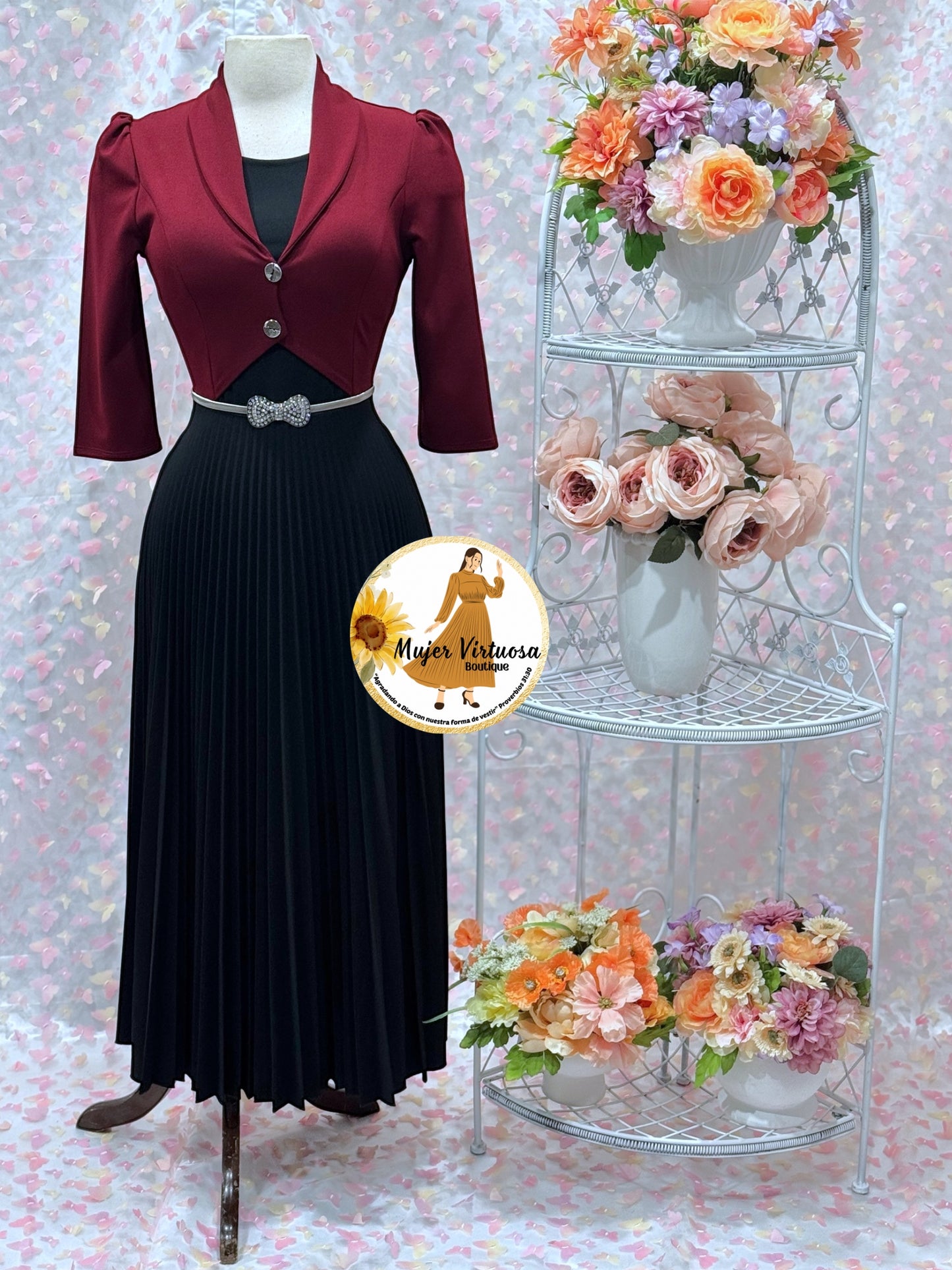 Milena Burgundy/Black Pleated Dress