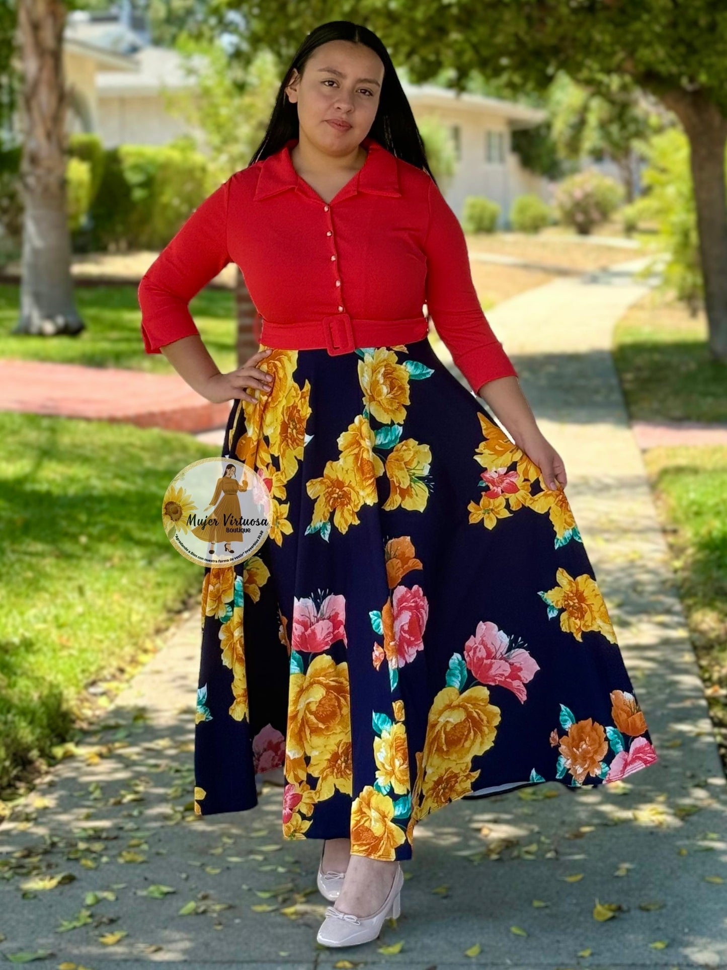 Hadassah Coral Belted Floral Dress