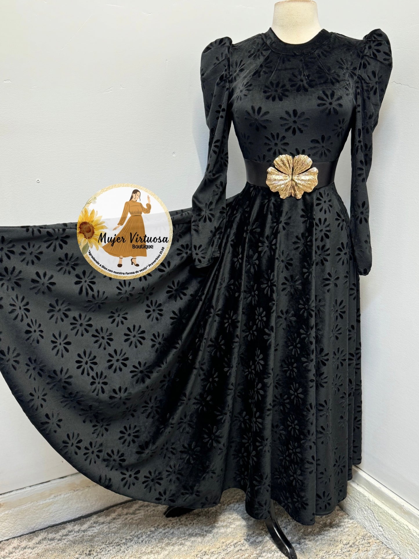 Eloisa Black Floral Velvet Dress