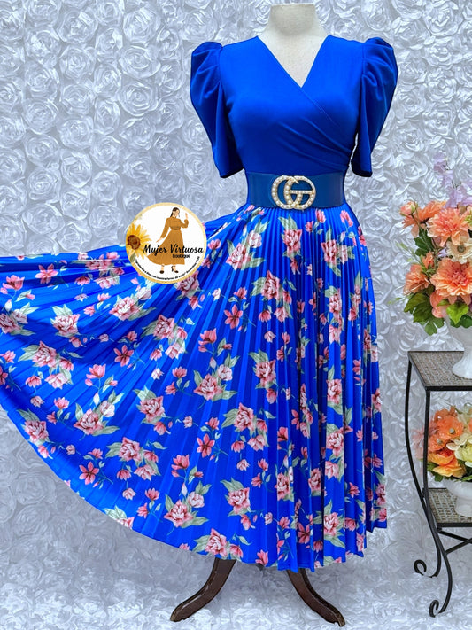 All Blue Crepe & Satin Pleated Dress