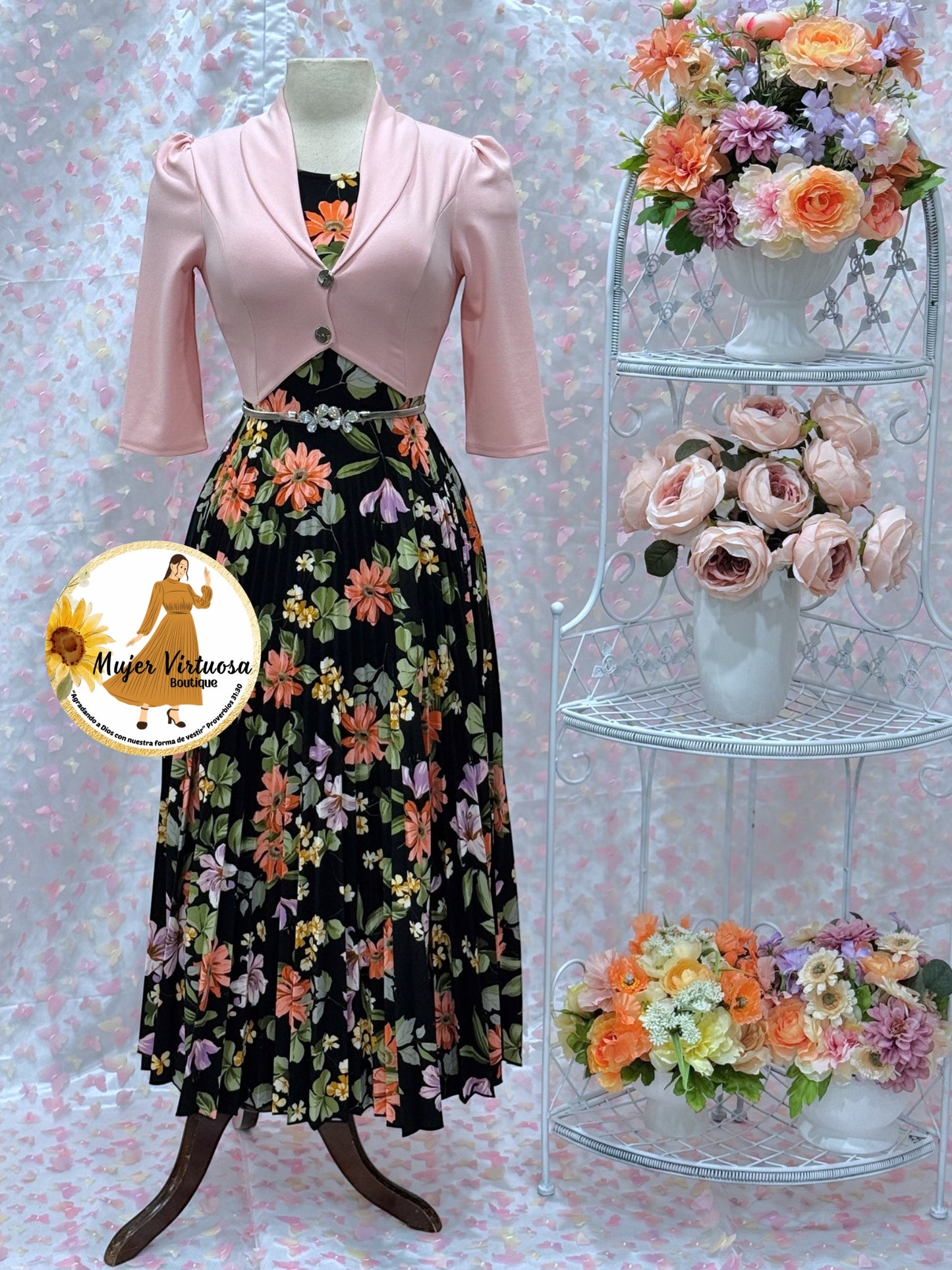 Milena Pink/Black Pleated Dress