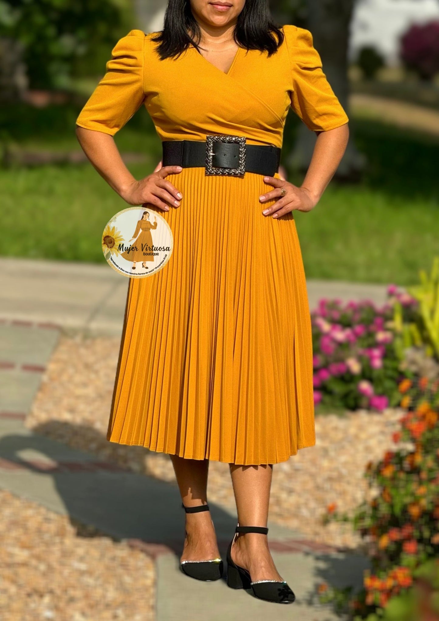 Mustard Pleated Midi Dress