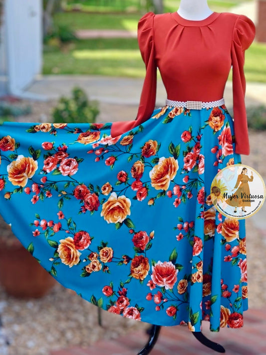 Eloisa Rust/Aqua Floral Dress