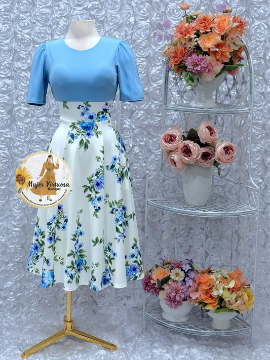 Eliana Baby Blue/White Midi Dress