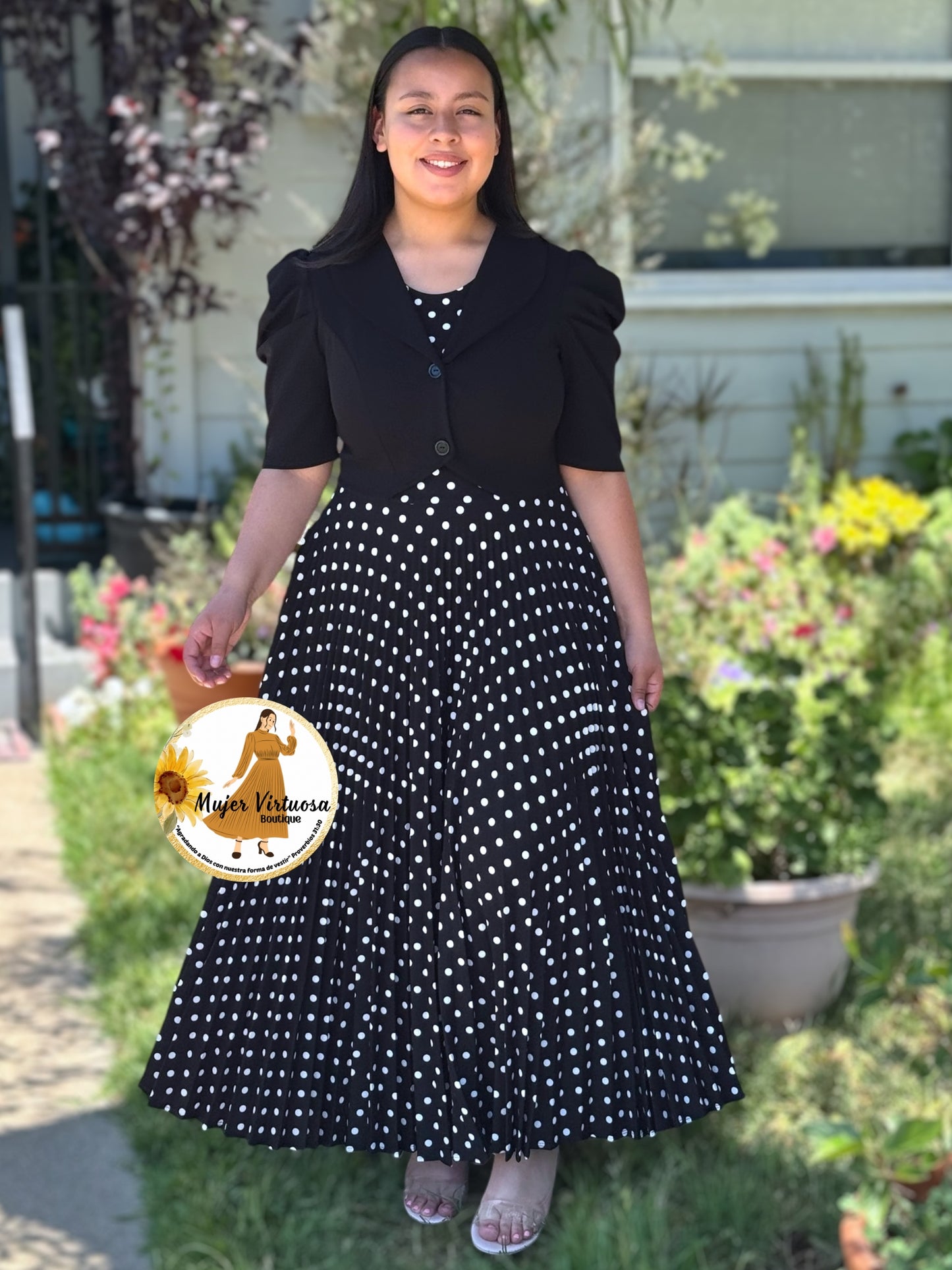 Esther Black Polka Dot Pleated Dress