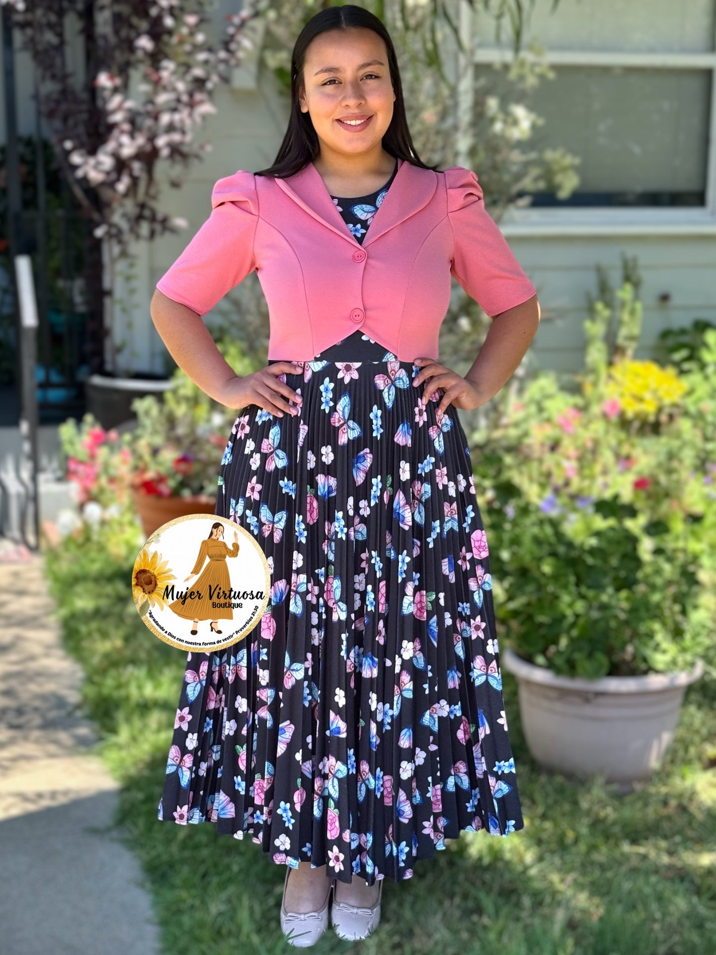 Esther Pink/Black Butterfly Pleated Dress