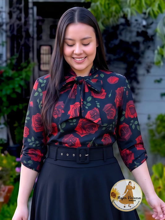 Black & Red Roses Bow Top