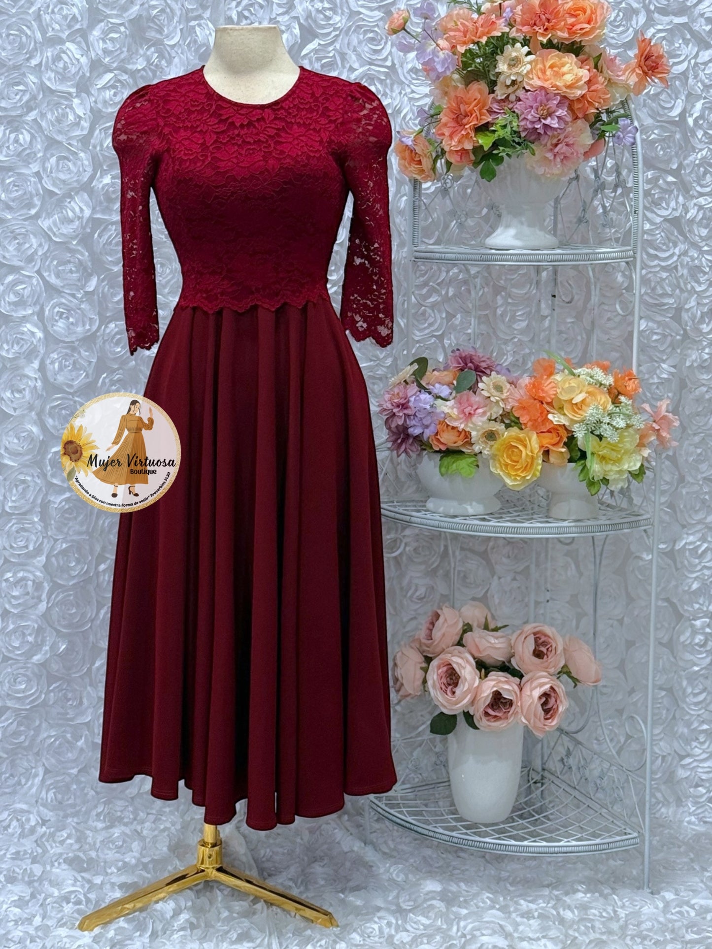 Lisa Burgundy Lace Top Dress