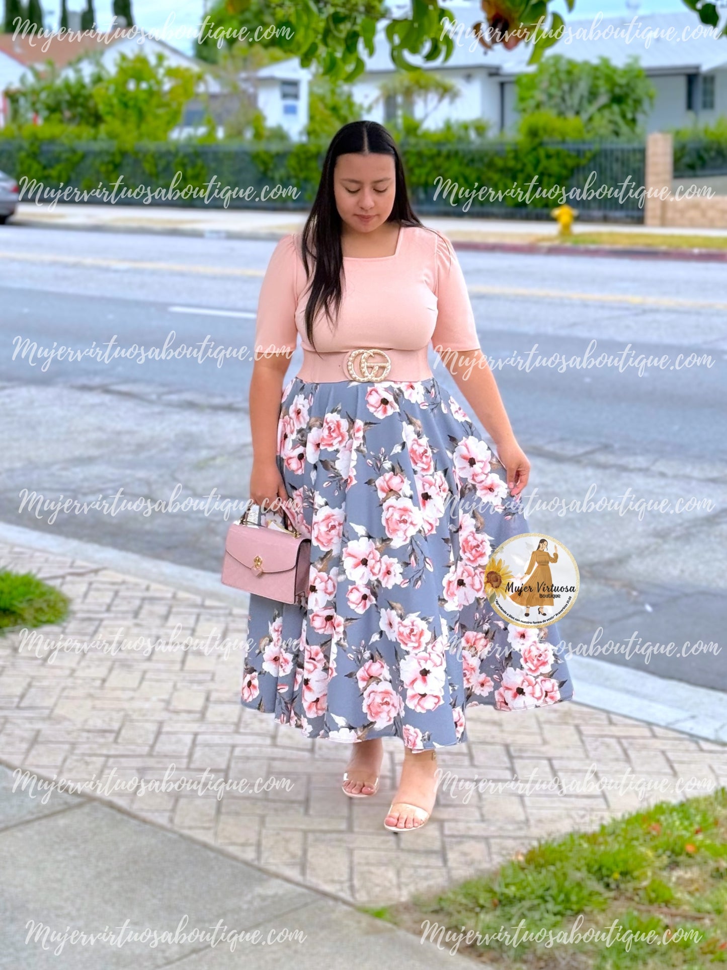 Eunice Pink & Grey Floral Dress