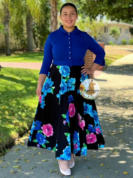 Hadassah Royal & Black Belted Floral Dress