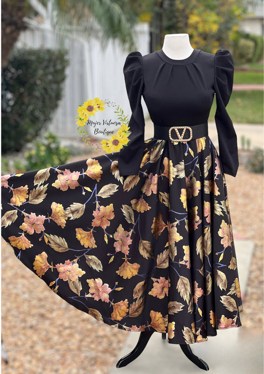 Eloisa Black & Gold Leaves Dress