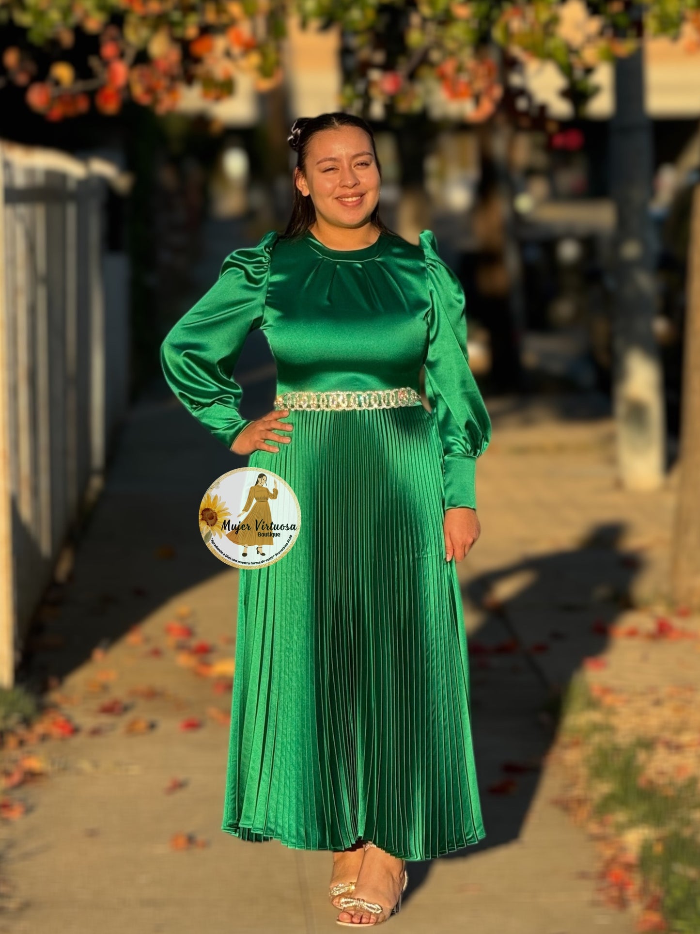 Litzy Kelly Green Satin Pleated Dress