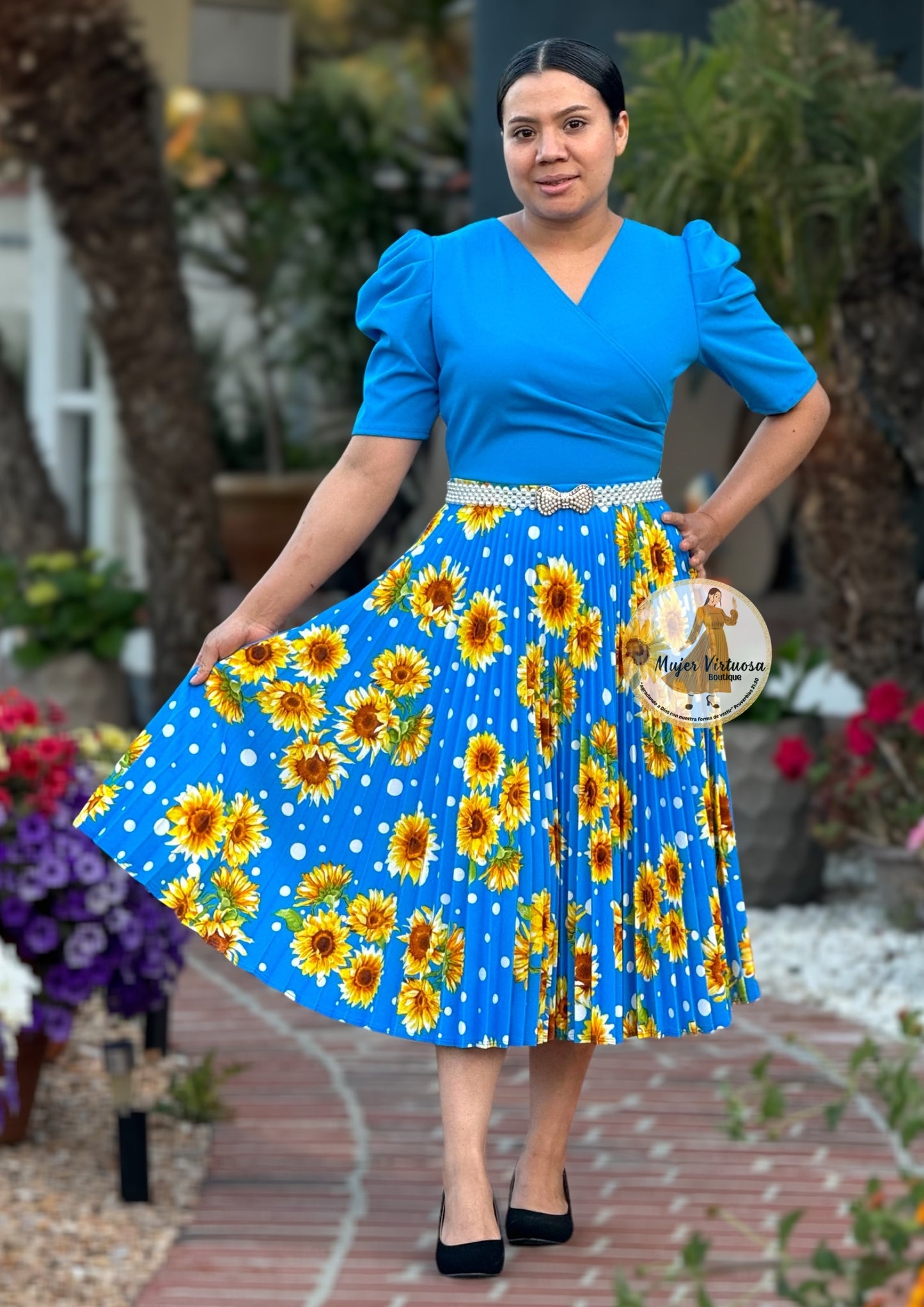 Aqua Sunflower Pleated Midi Dress