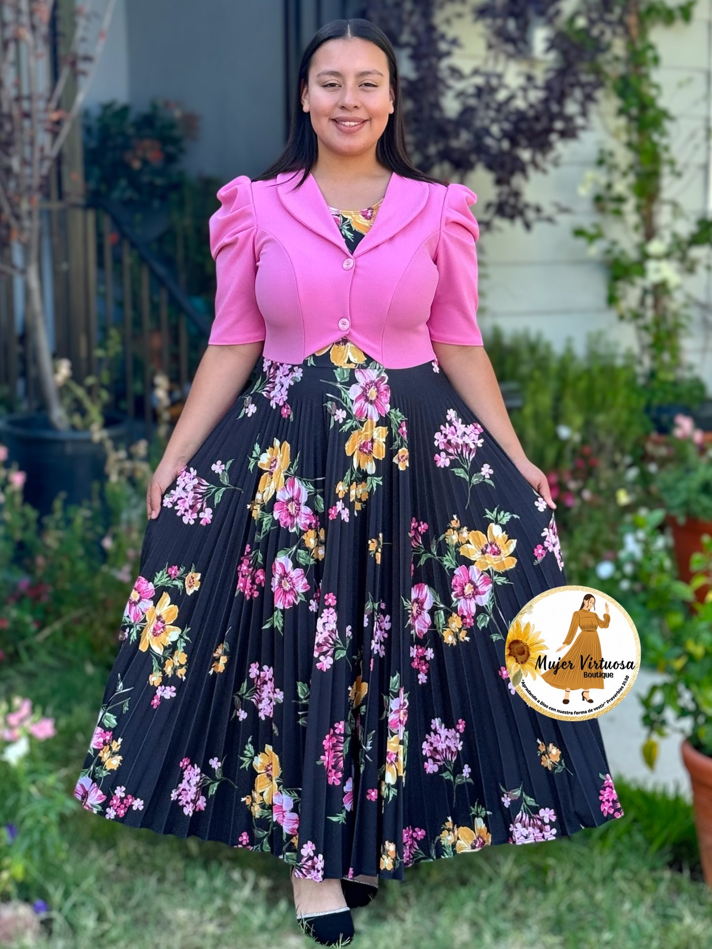 Esther Pink/Black Floral Pleated Dress