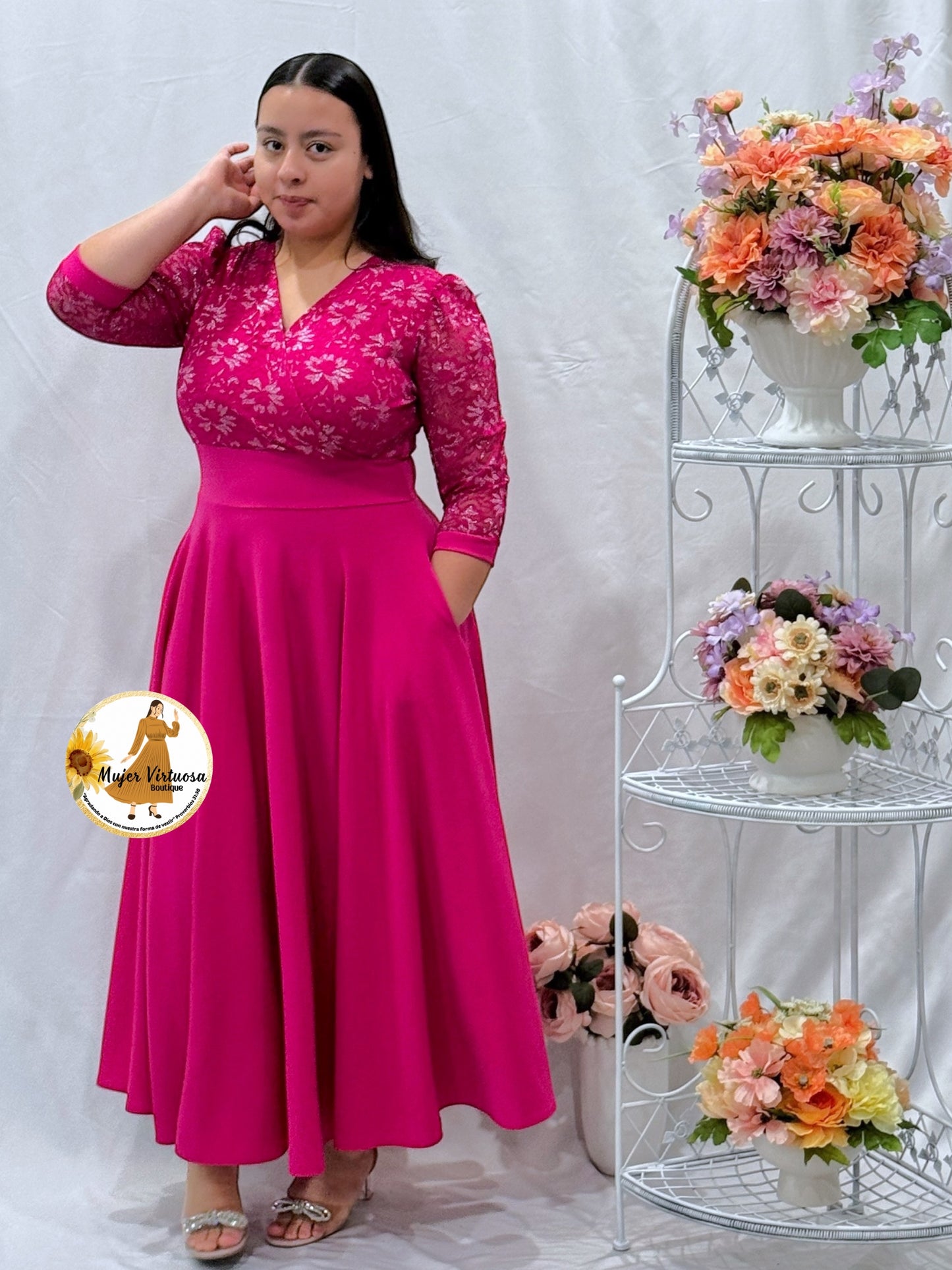 Débora Fucsia Lace & Crepe Dress