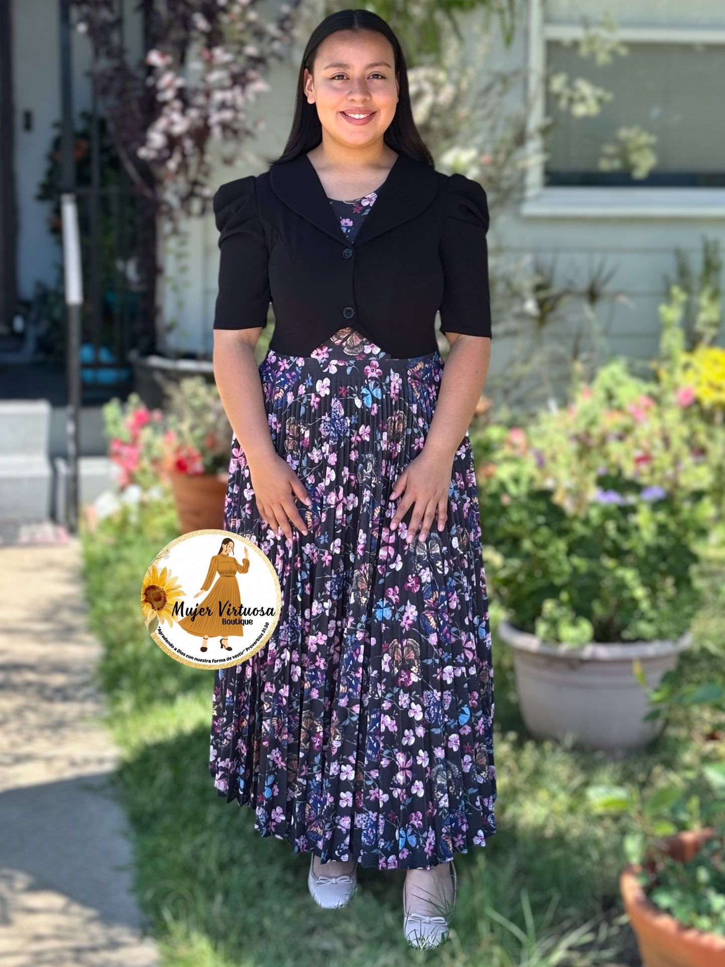 Esther Black Butterfly Pleated Dress