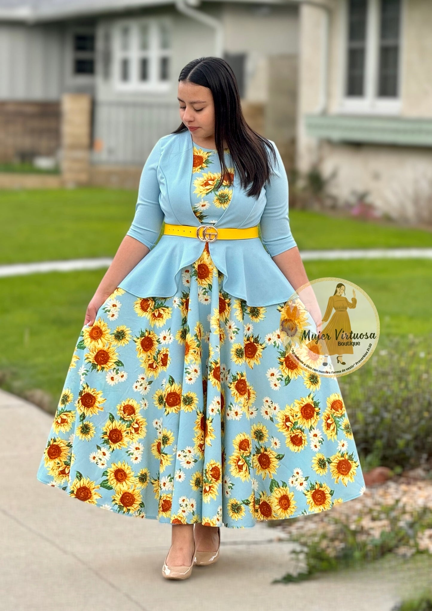 Helena Sky Blue Sunflower Blazer Dress