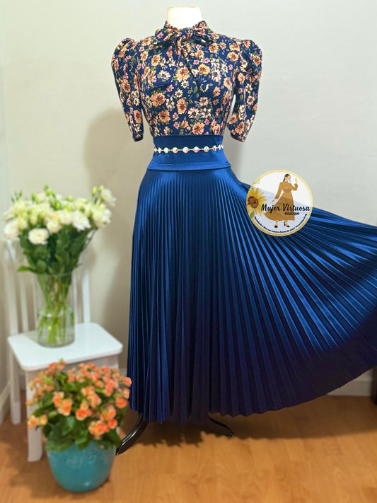 Navy Satin Pleated Skirt