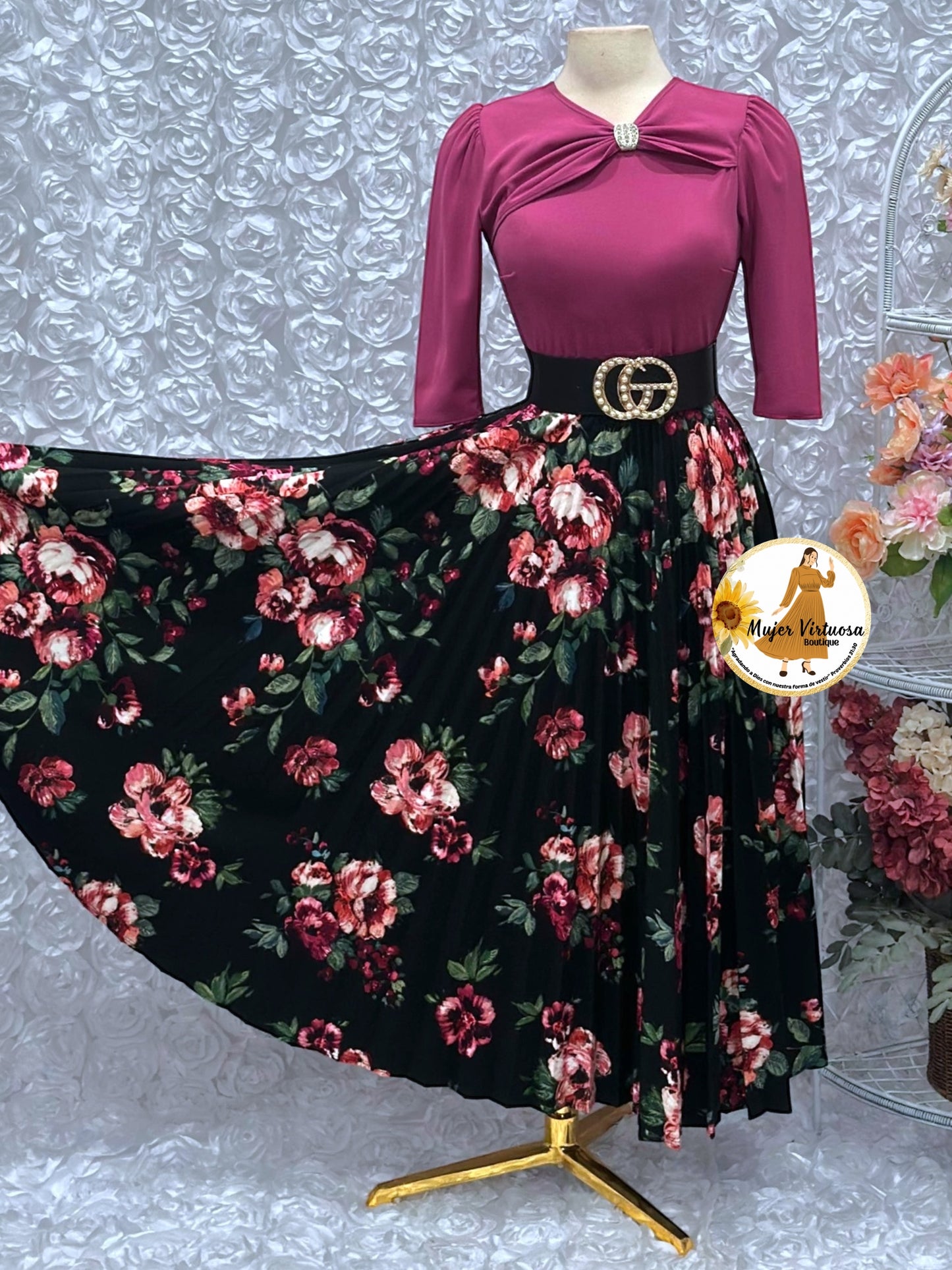 Rosalie Magenta & Black Pleated Dress