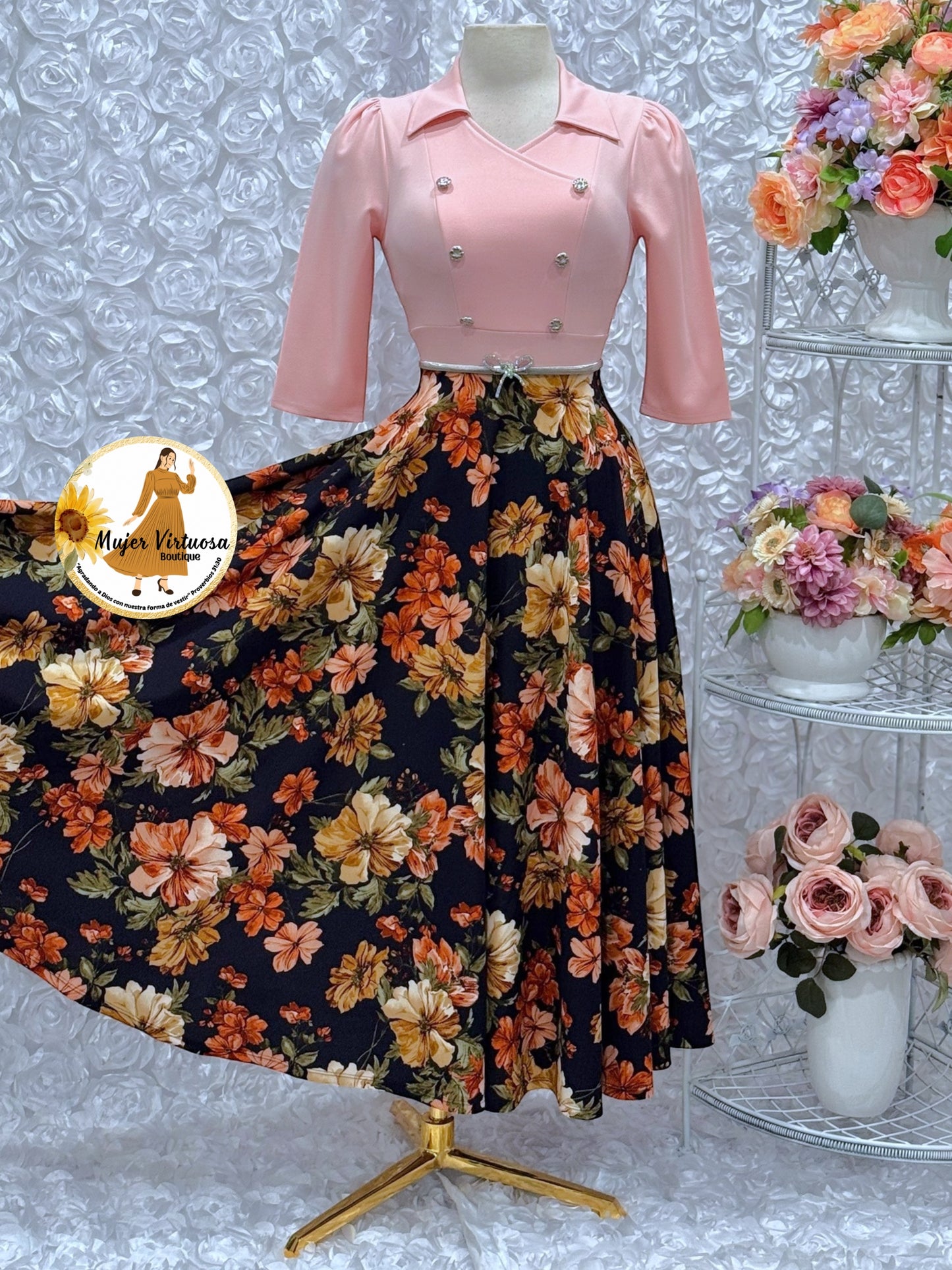 Frida Peach & Navy Floral Dress