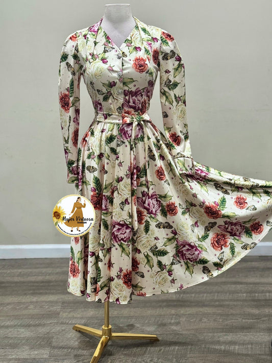 Ivory Floral & Butterflies Midi Dress