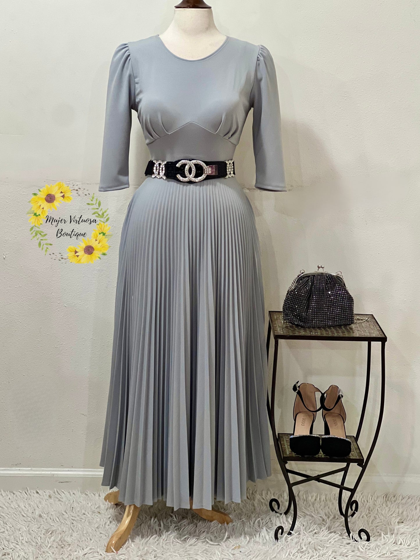 Cristel Light Grey Pleated Dress