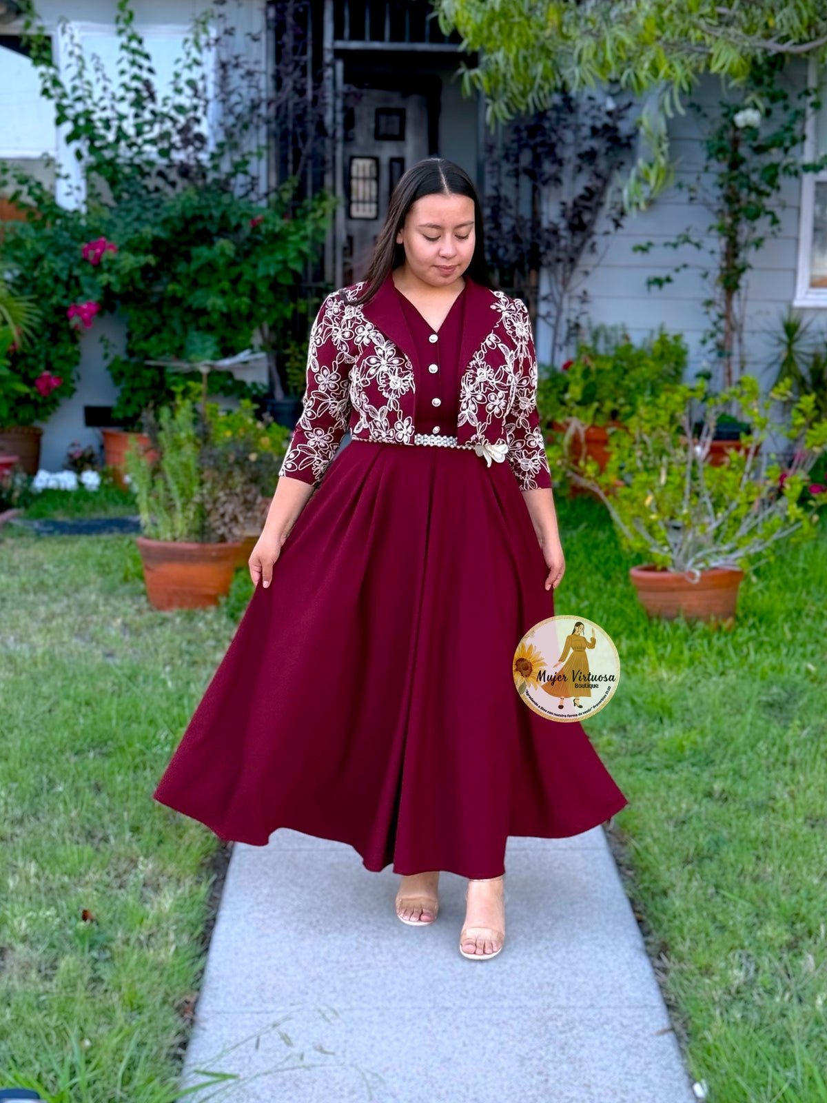 Linda Burgundy Embroidered Dress