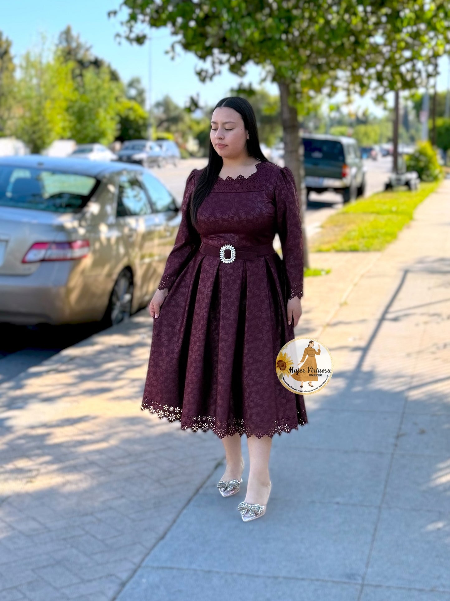 Wine Elegant Brocade Midi Dress