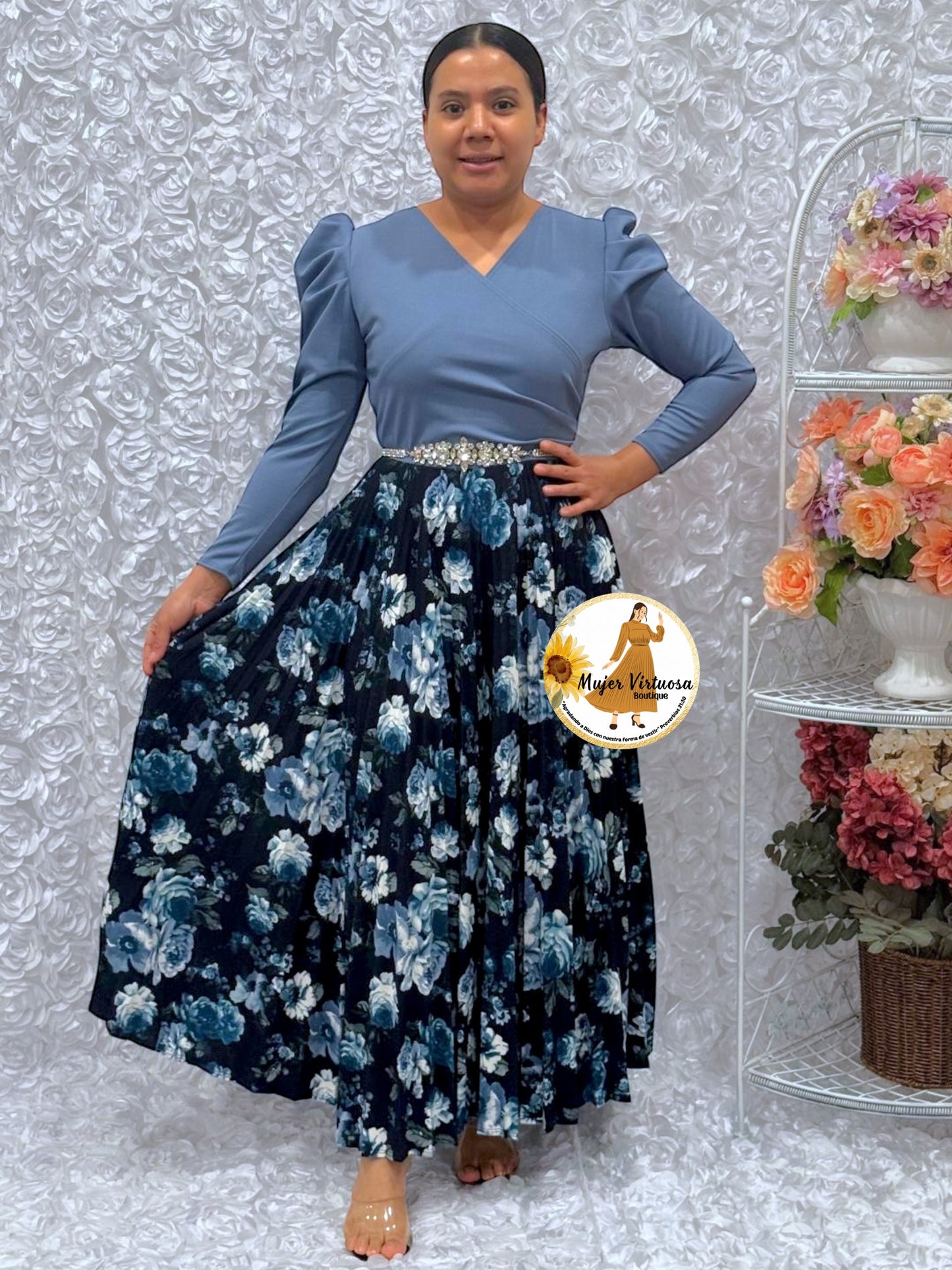 Yvette Denim & Navy Blue Floral Dress