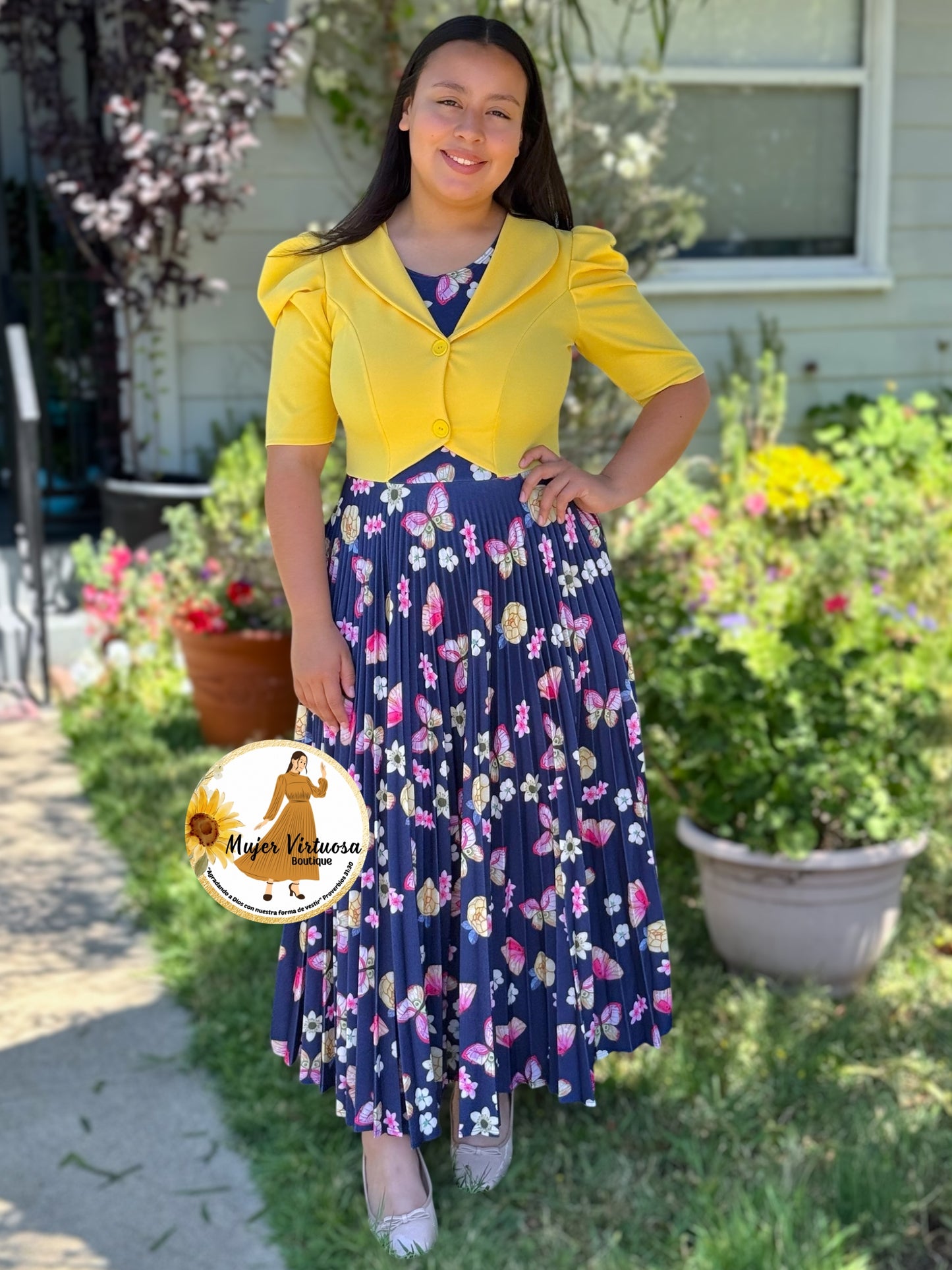 Esther Yellow/Blue Butterfly Pleated Dress
