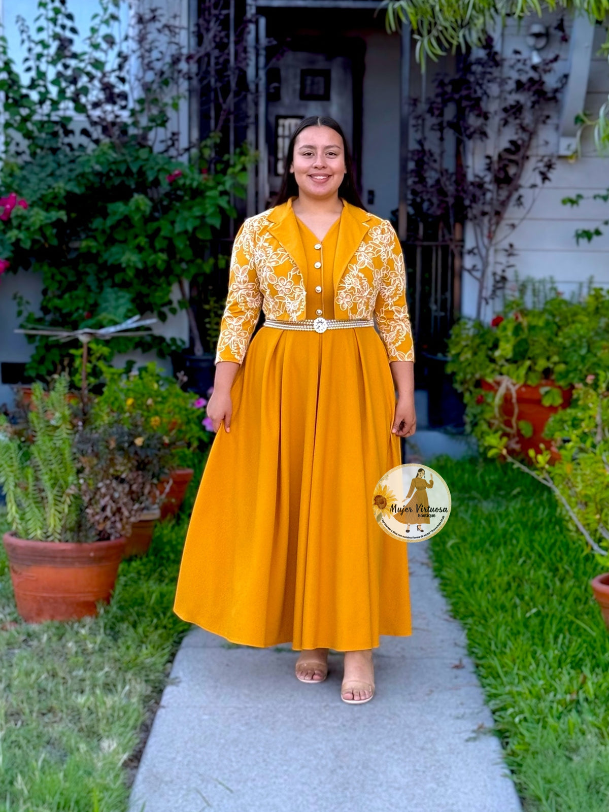 Linda Mustard Embroidered Dress