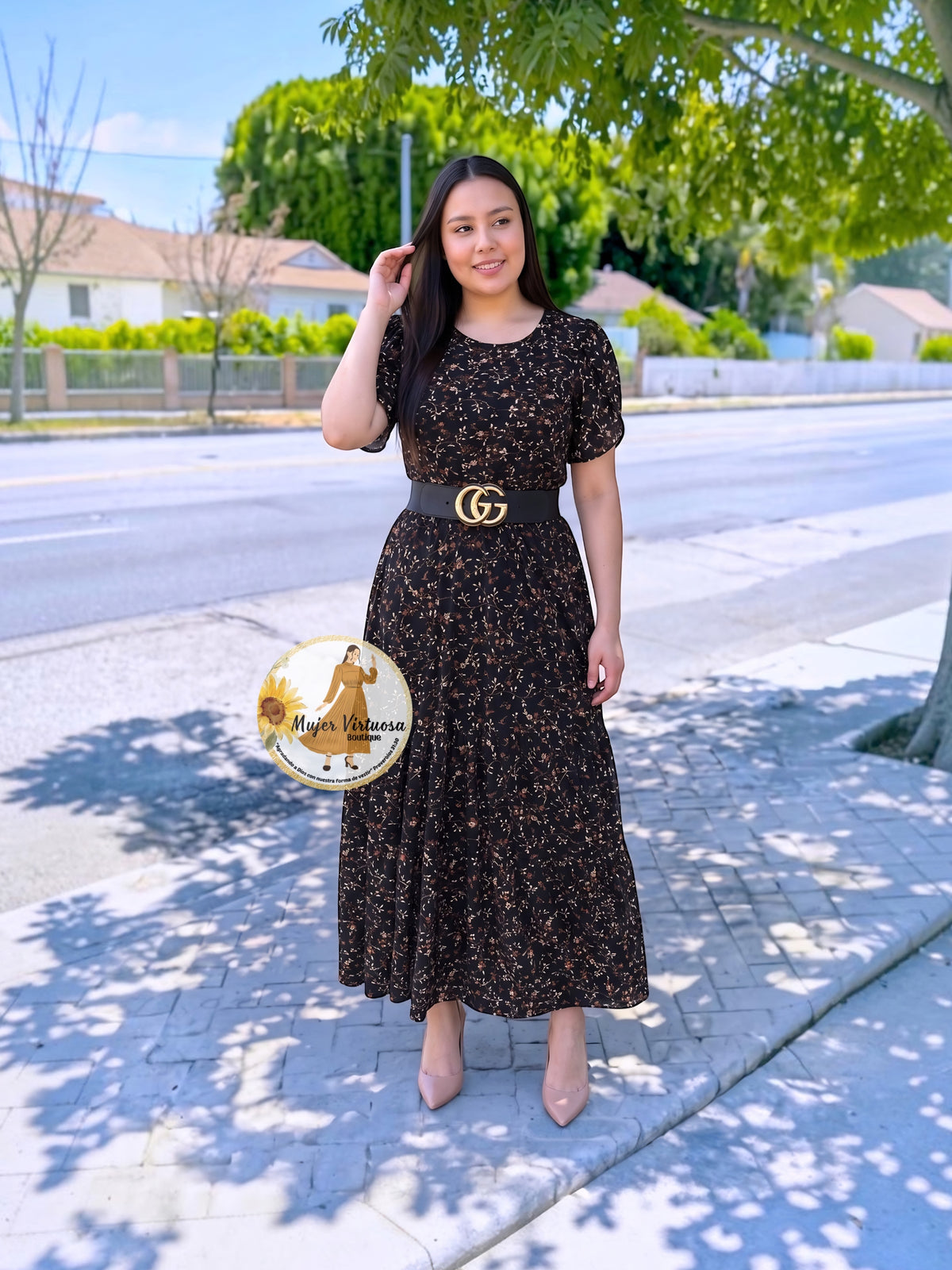 Ruth Black with Brown Floral Dress