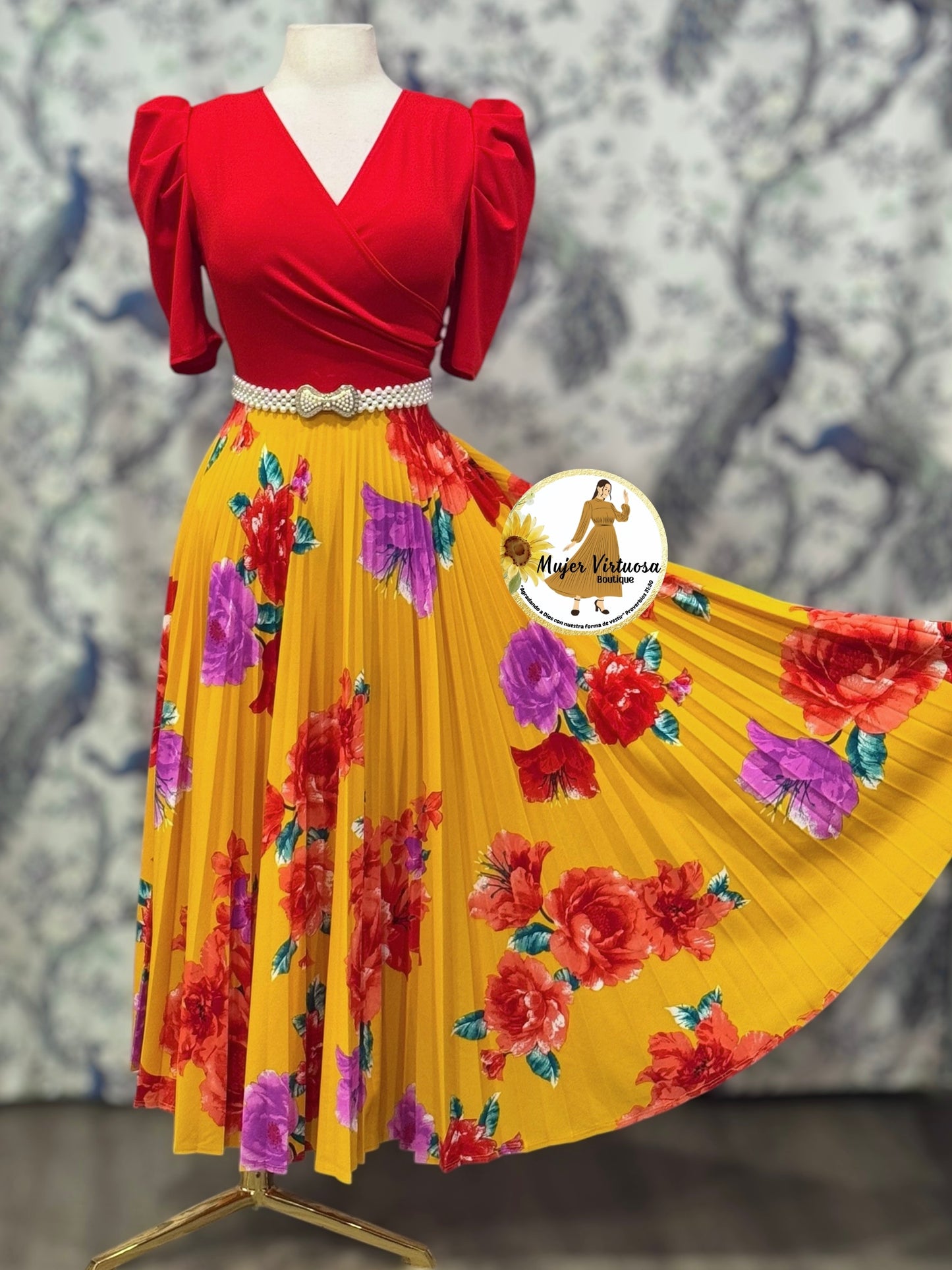 Jessica Red & Yellow Floral Pleated Dress