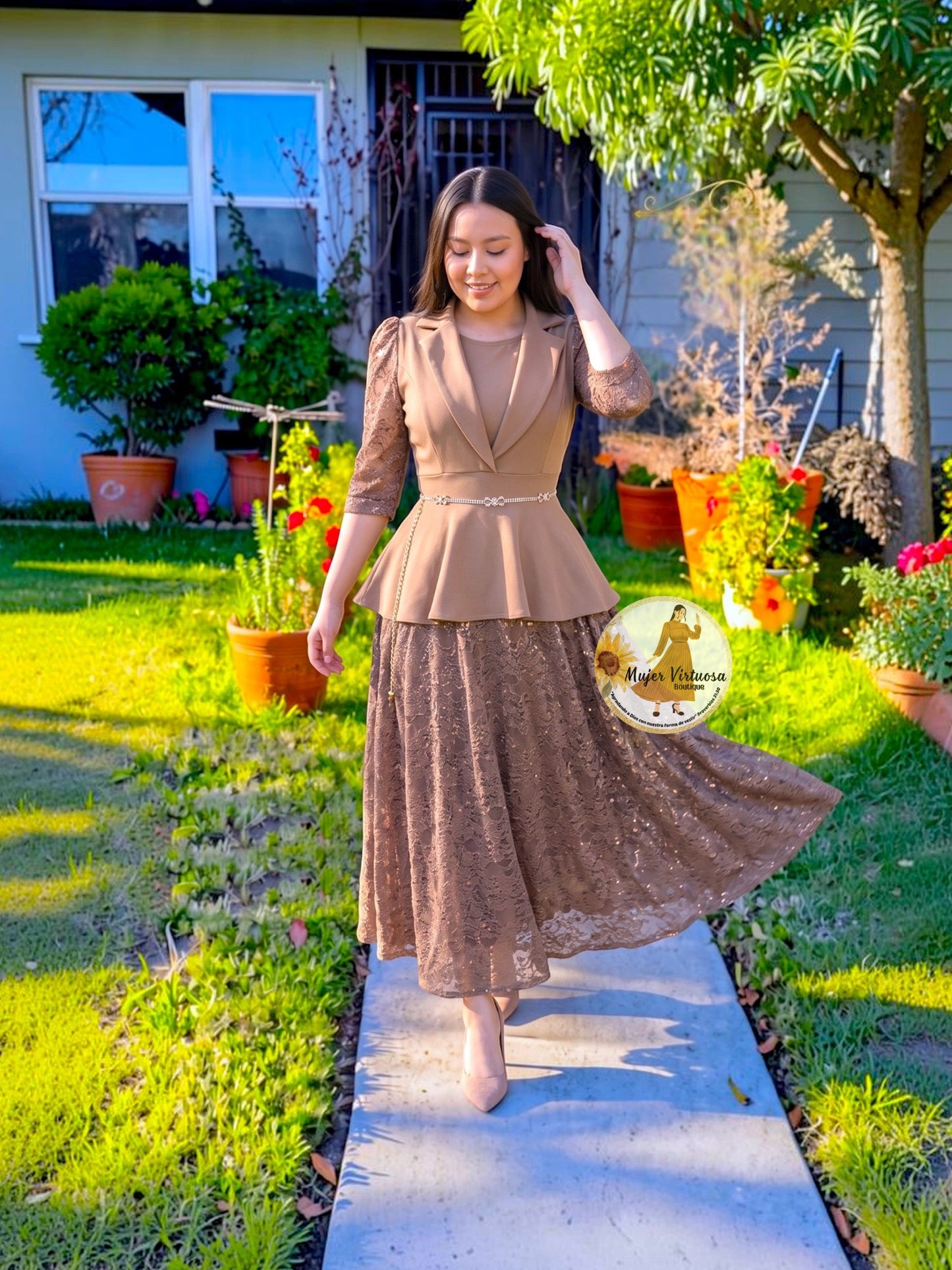 Mayra Mocha Crepe & Lace Dress