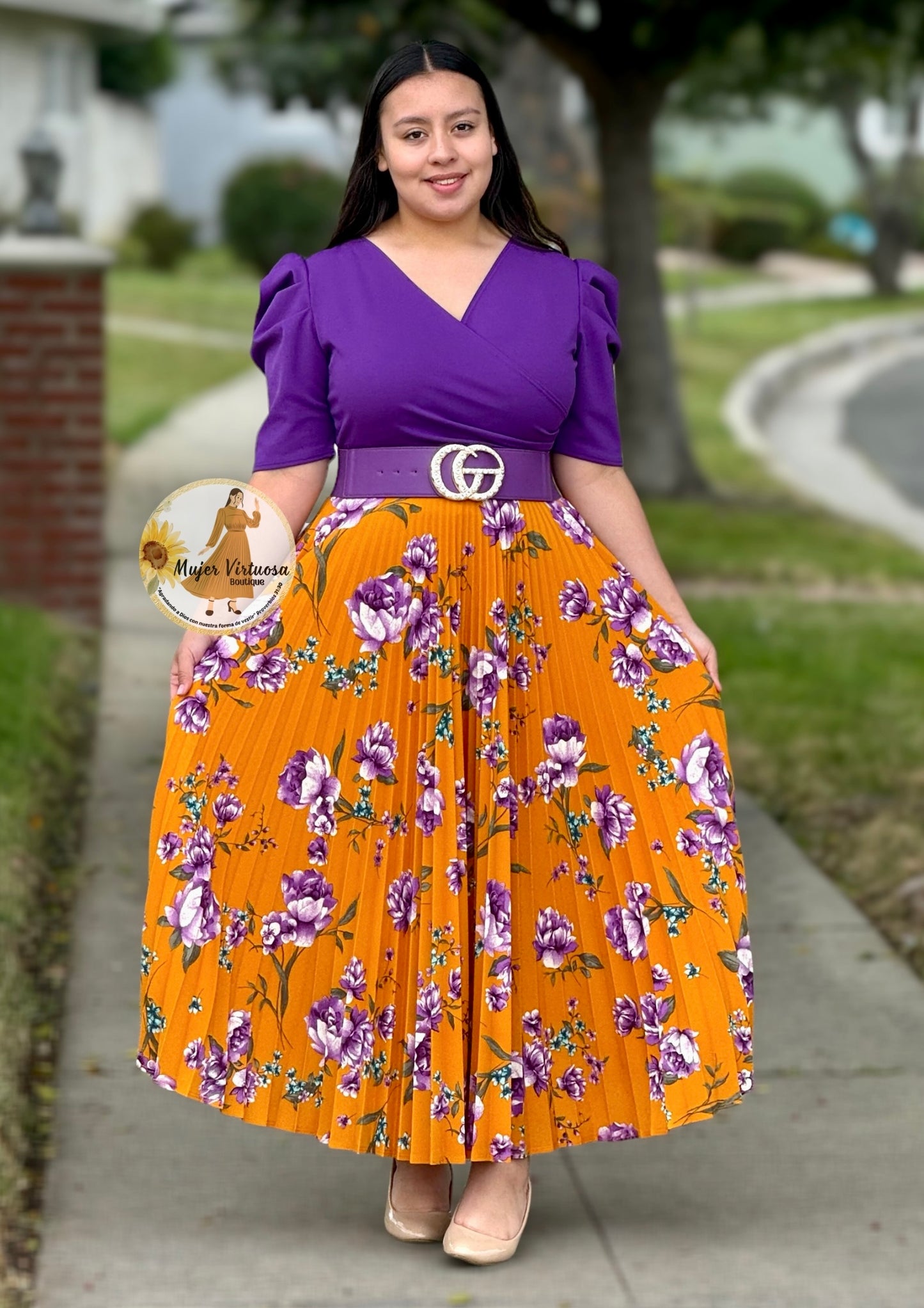 Violet & Mustard Floral Pleated Dress “Jessica”