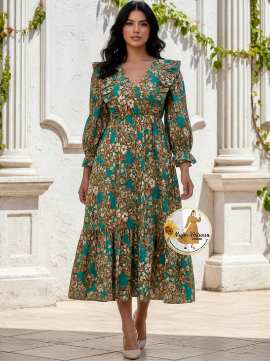 Aqua/Mustard Floral Midi Dress