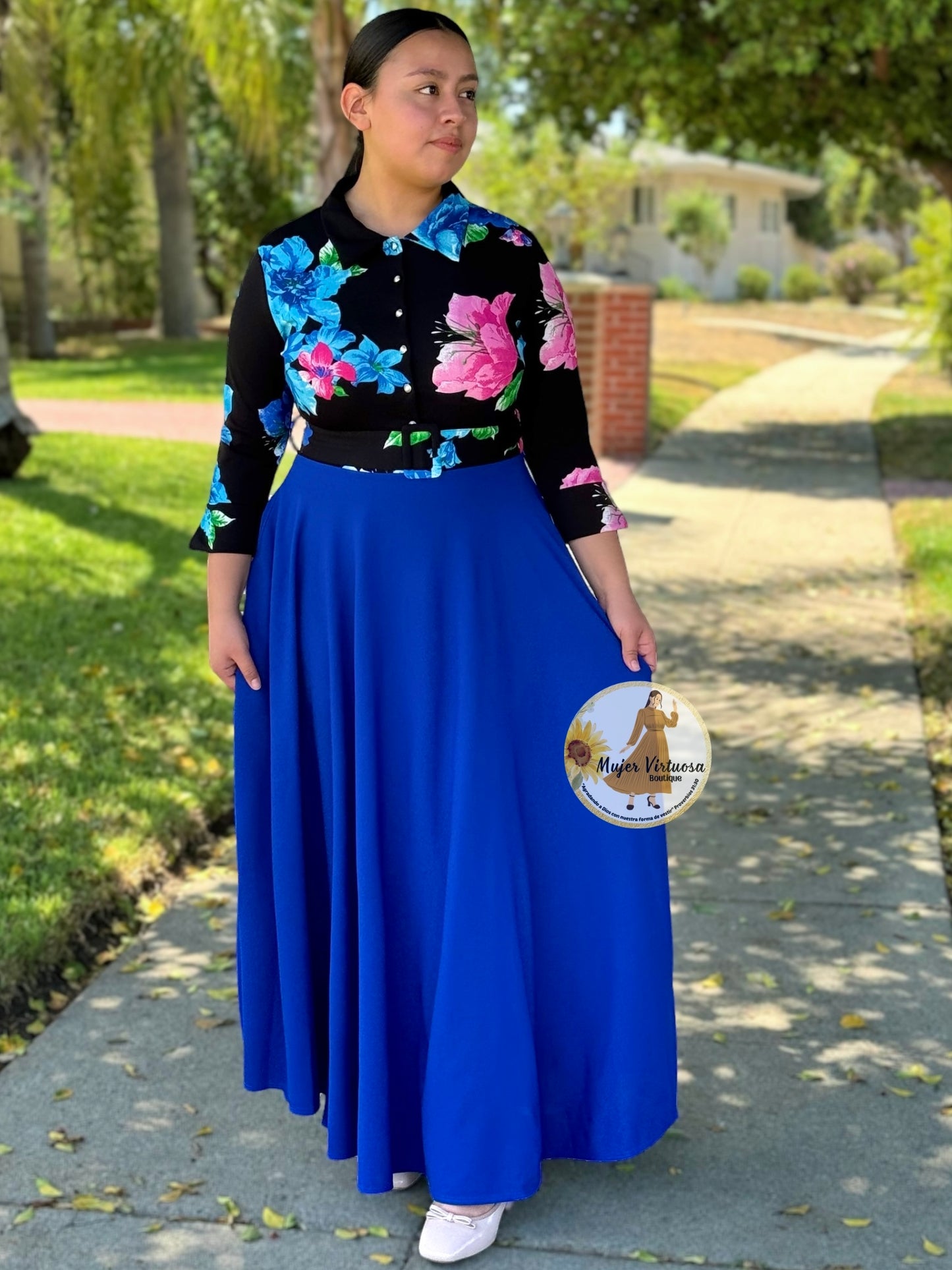 Hadassah Black & Royal Blue Belted Floral Dress