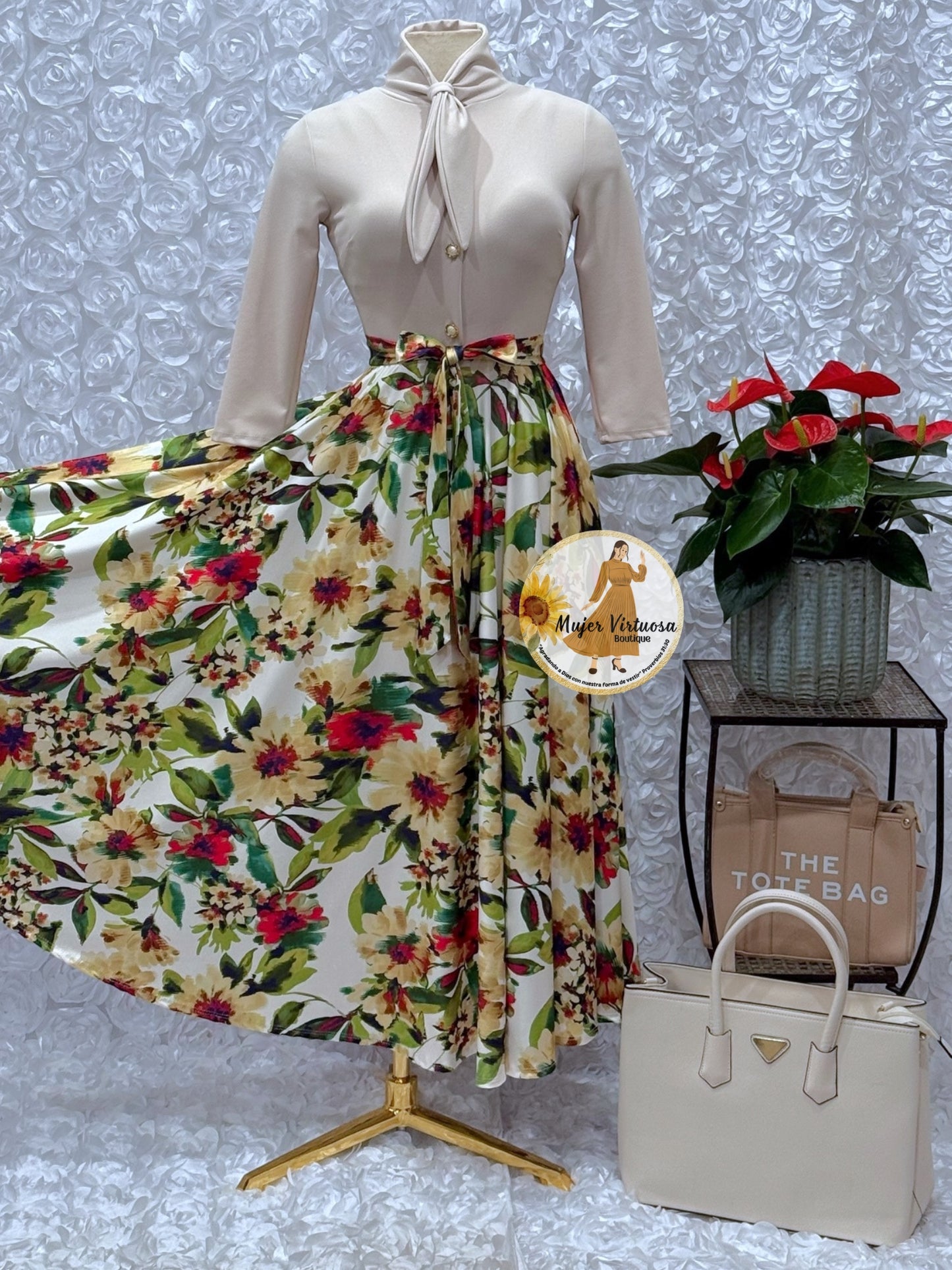 Beige Floral Vintage Style Dress