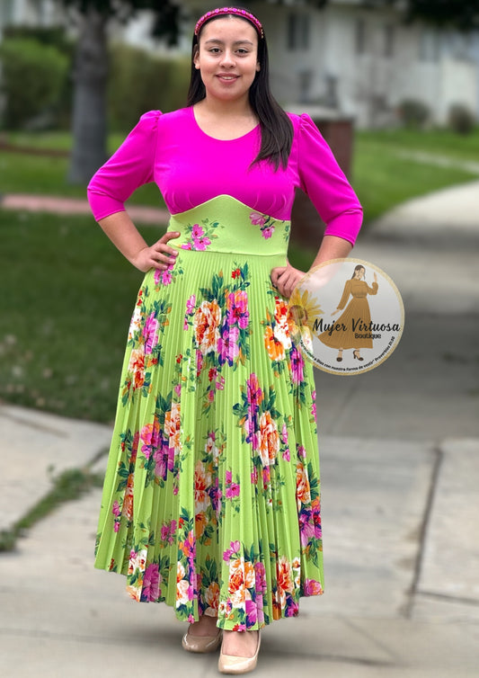 Cristel Fucsia & Lime Floral Pleated Dress