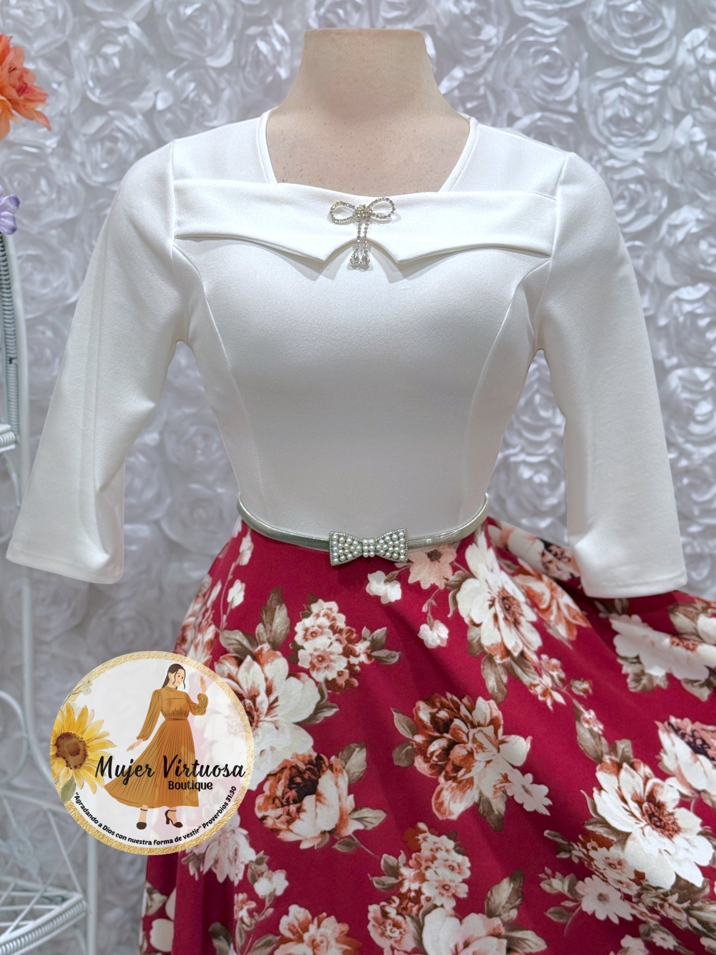 Alma Ivory/Burgundy Floral Dress