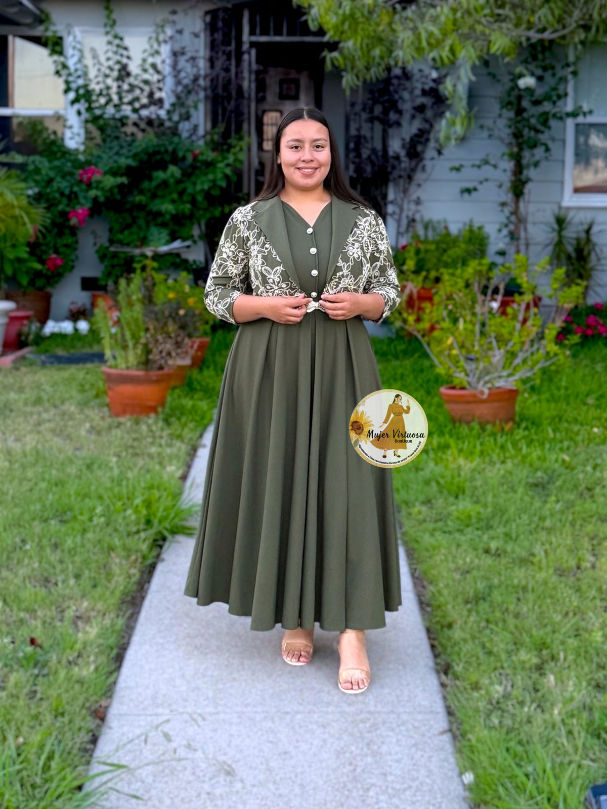 Linda Olive Embroidered Dress