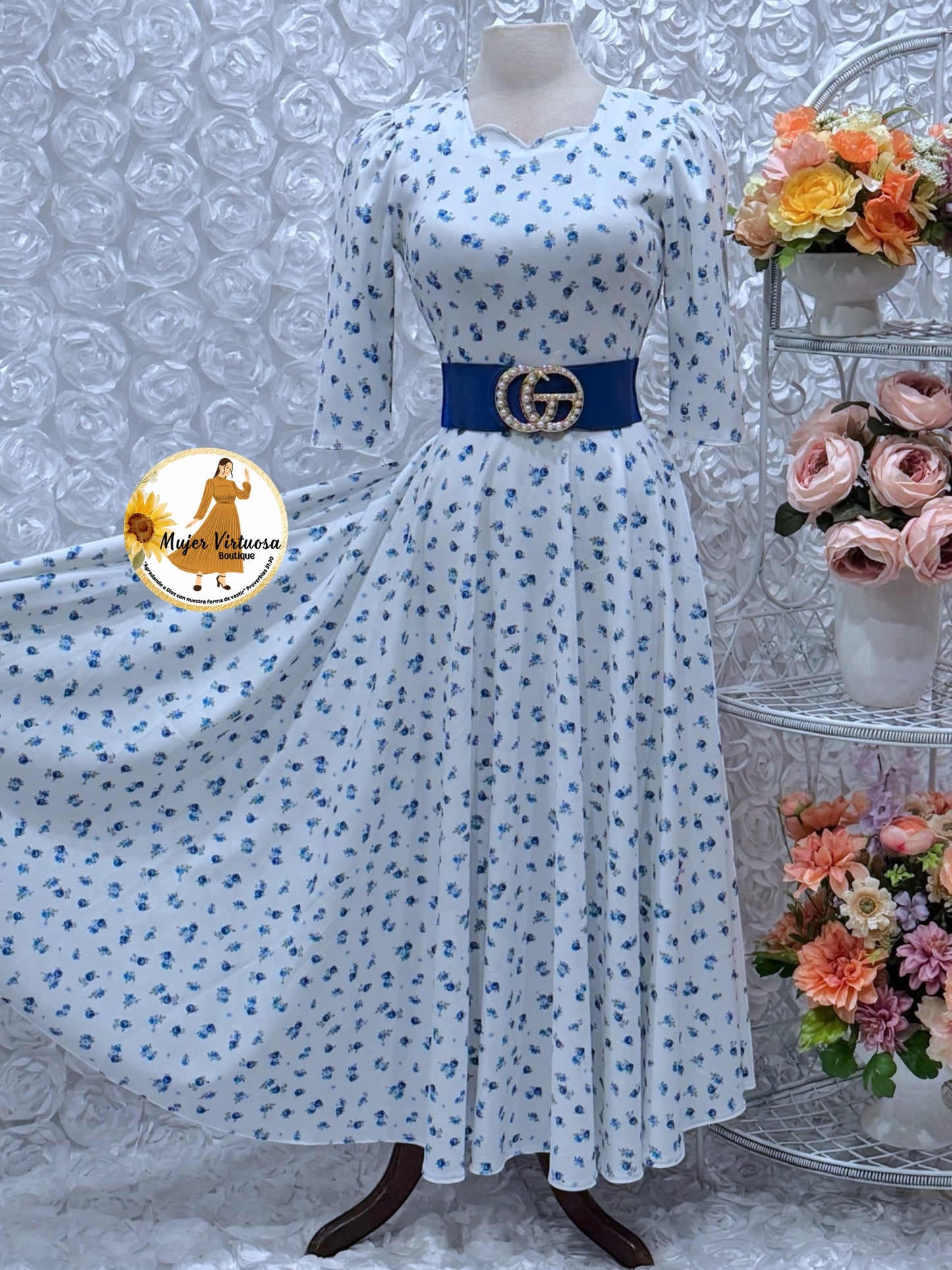 Lucy White/Blue Ditsy Floral Dress